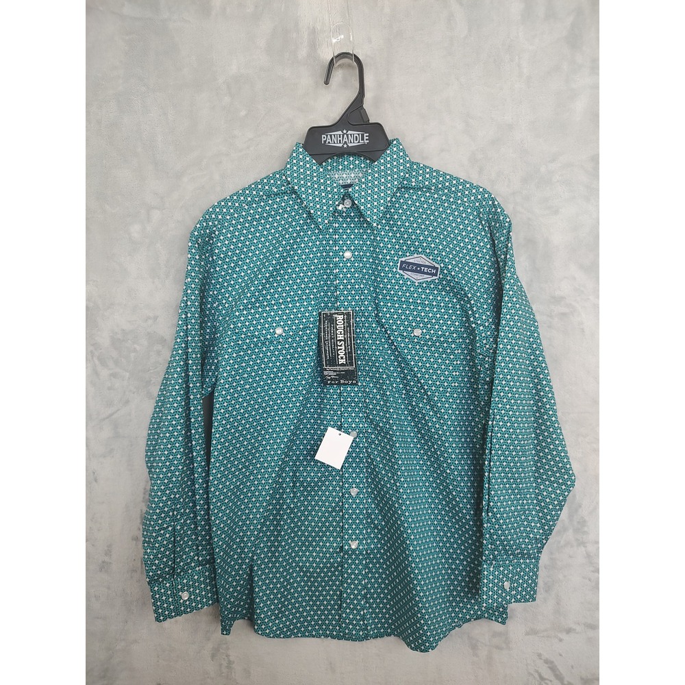 Panhandle Rough Stock Teal White Print Long Sleeve Western Shirt Kids L 14